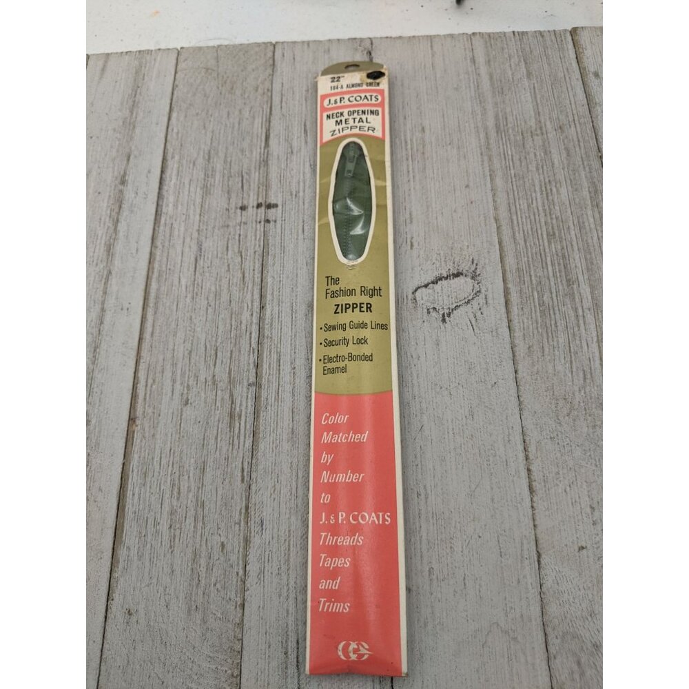 Vintage J&P Coats Neck Opening Metal Zipper 22" Almond Green 164-A